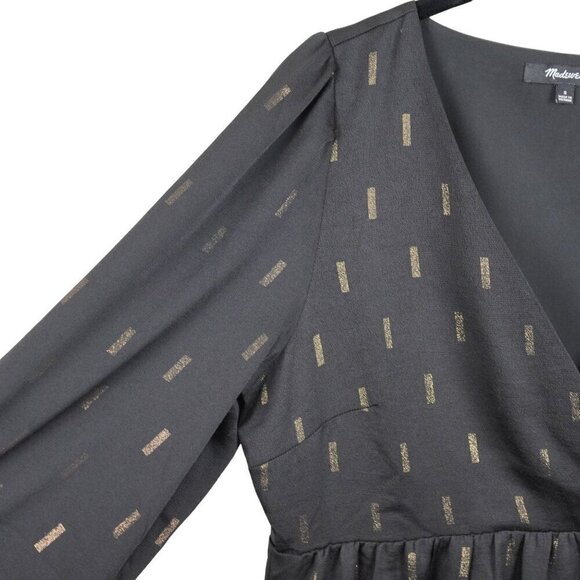 EUC Madewell Black Metallic Jacquard Faux-Wrap Tiered Mini Dress Small - Picture 9 of 12